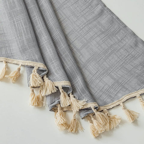Gray linen textured swag curtain valance with tassels, 36W x 36L, part of Linen Textured Swag Curtain Valance With Rod Pocket For Farmhouse Kitchen And Small Windows, Light Filtering Rustic Topper In Gray, 36W X 36L, Soft Linen Polyester Blend For Privacy And Energy Savings, Cozy Vibe.