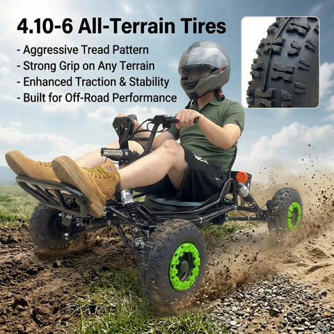 Person driving an electric go kart for adults and teens with long range up to thirty miles, showing all-terrain tires and rugged design.