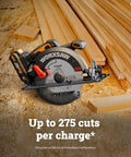 Pro Grade Cordless Circular Saw With A Kickin 20v Brushless Motor And Rock Solid 7 Inch Blade on wood with lumber, showcasing cutting capability.