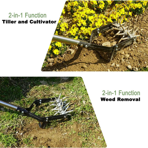 Garden Rotary Cultivator With 67 Inch Adjustable Handle And Durable Star Tines for tilling and weeding in flower bed and garden.