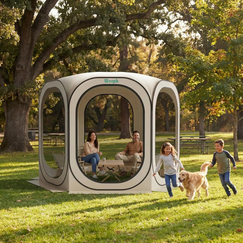 Family enjoying 10x10 Pop Up Screen Tent With Mosquito Net UV Resistant Roof Waterproof Canopy Quick Setup Outdoor Shelter in park