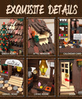 Cuckoo Clock House Building Set Compatible With Lego real working clock and rotating waterwheel, close-up of door and interior