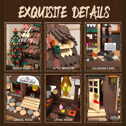 Cuckoo Clock House Building Set Compatible With Lego real working clock and rotating waterwheel, close-up of door and interior