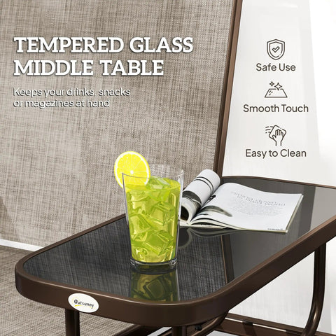 Outdoor Glider Bench With Center Table Metal Frame Patio Loveseat With Breathable Mesh Fabric And Armrests For Backyard Garden Porch Brown Perfect For Patio Lounging And Entertaining Friends Under The Sun showing tempered glass table with drinks.