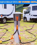Backyard To Boondocks 50 To 50 Amp Rv Y Splitter Adapter Cord connected to RV power outlet for camper hookups.
