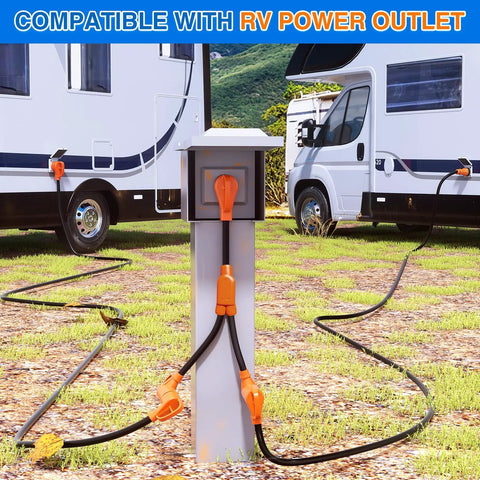 Backyard To Boondocks 50 To 50 Amp Rv Y Splitter Adapter Cord connected to RV power outlet for camper hookups.