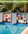 Outdoor Storage Cabinet 26 Cu Ft With Lockable Doors, Waterproof Patio Shed filled with pool toys and sports equipment by a pool.