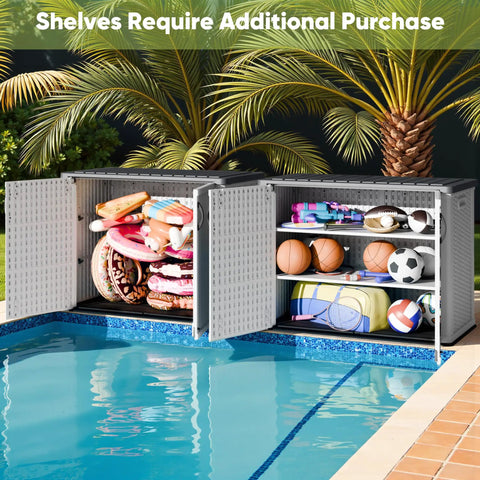 Outdoor Storage Cabinet 26 Cu Ft With Lockable Doors, Waterproof Patio Shed filled with pool toys and sports equipment by a pool.