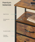 Solid Industrial Nightstand With Fast Charge Hub And Smart Led Dimmer Two Deep Drawers Plus Open Shelf Rustic Brown Black Frame materials highlighted.