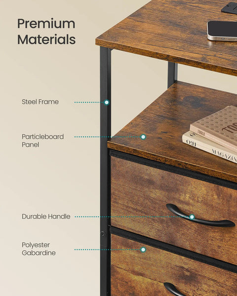 Solid Industrial Nightstand With Fast Charge Hub And Smart Led Dimmer Two Deep Drawers Plus Open Shelf Rustic Brown Black Frame materials highlighted.