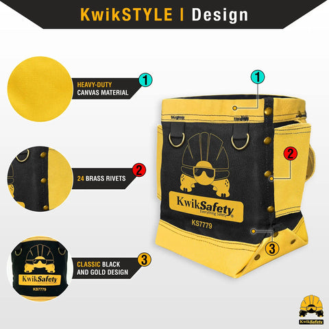 RedIron Two Pack Heavy Duty Canvas Bolt Bag For Ironworkers With Reinforced Stitching, yellow canvas, brass rivets, black design