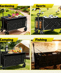 Heavy Duty Collapsible Wagon Cart Built Tough With Fold Out Table 500 Lb Capacity 230L Large Wagon With 360 Degree Swivel Brakes Wheels And 2 Cup Holders Portable Utility Cart For Shopping Camping Beach Garden And Fishing displayed in various outdoor activities like gardening, sports, camping, and fishing.
