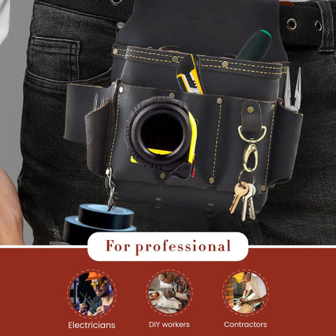 10 Pocket Electrician's Tool Pouch Built From Full Grain Oiled Leather, Heavy Duty Construction on a worker's waist