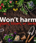 Garden tools and flowers on soil with text 'Won't harm plants, blooms, or lawns' visible.