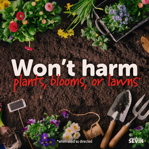 Garden tools and flowers on soil with text 'Won't harm plants, blooms, or lawns' visible.