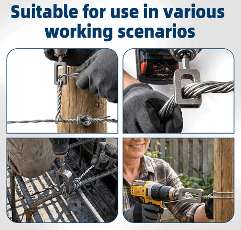 Heavy-Duty Wire Twister Tool For Drill With One Quarter Inch Hex Shank in use tying wire around wooden poles and rebar.