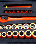 Insulated Deep Wall Socket And Hex Bit Set 30 Piece Three Eighth Inch Drive Kit With Push Button Ratchet showcased in foam case