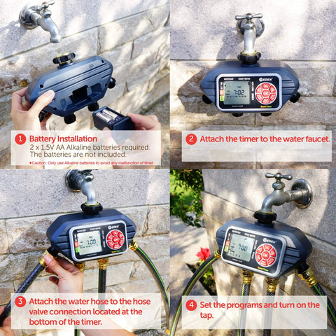 Four Zone Programmable Digital Water Timer with Easy Setup and Large LCD, installation instructions shown on wall.
