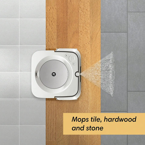 Smart Mapping Robotic Mop With WiFi Connectivity And Jet Spray For Multi Room Cleaning That Recharges And Resumes, Works With Alexa, Great For Hardwood Tile And Stone Floors, White, shown mopping diverse floor types.