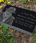 Personalized Memorial Stone Keepsake For Loved One Grave Marker Garden Plaque Granite Outdoor Cemetery Decor Sympathy Gift Tribute Forever Remembered Deluxe 8 By 12 By 2 Inch Tombstone in grass with engraving.