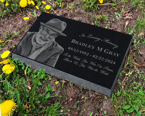 Personalized Memorial Stone Keepsake For Loved One Grave Marker Garden Plaque Granite Outdoor Cemetery Decor Sympathy Gift Tribute Forever Remembered Deluxe 8 By 12 By 2 Inch Tombstone in grass with engraving.