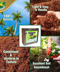 Four 1.25 Lb Coco Coir Bricks Expand To Nine Gallons Ultra-Pure No-Rinse Seed Starter Mix shown with uses and handling