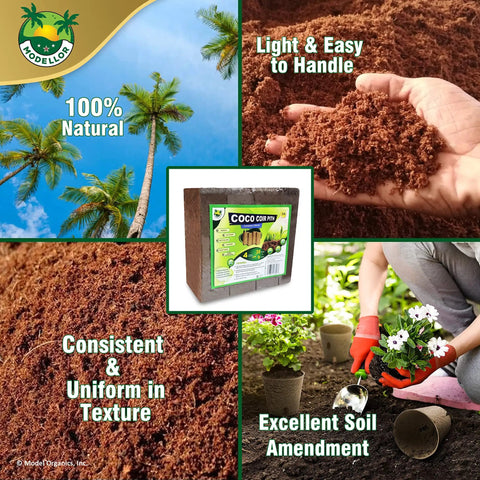 Four 1.25 Lb Coco Coir Bricks Expand To Nine Gallons Ultra-Pure No-Rinse Seed Starter Mix shown with uses and handling