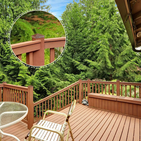8 Pack 4x4 Aluminum Pyramid Post Caps Brown for All Weather Outdoor Fence and Deck Posts 3.5 x 3.5 to 3.625 Inch shown on deck.