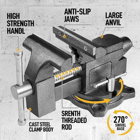 Four And A Half Inch Bench Vise With Heavy Duty Forged Steel Construction Built In Pipe Jaw And Swivel Base for woodworking.