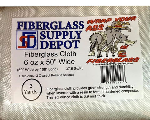 Go-To Fiberglass Cloth 6 Oz By 50 Inches Wide For Laminating And Reinforcing, in packaging with logo and text details.