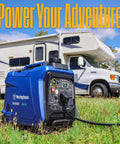 4000 Peak Watt Dual Fuel Portable Inverter Generator With Remote Start Gas Or Propane Powered beside RV in grass field