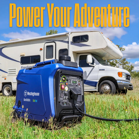 4000 Peak Watt Dual Fuel Portable Inverter Generator With Remote Start Gas Or Propane Powered beside RV in grass field