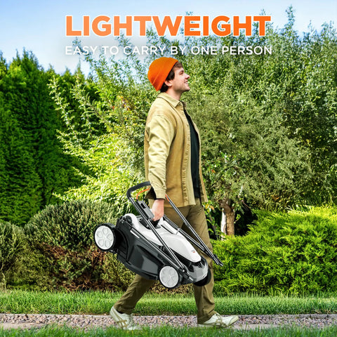 16 Inch Cordless Lawn Mower With Dual 20V 4.0Ah Batteries, Brushless Motor, Ultra Lightweight Yard Buddy, 6-Position Height Adjustment, Includes 2x 4.0Ah Batteries and Charger, Easy Start For Fast, Clean Cuts In Small To Medium Yards. Man carrying cordless lawn mower in garden
