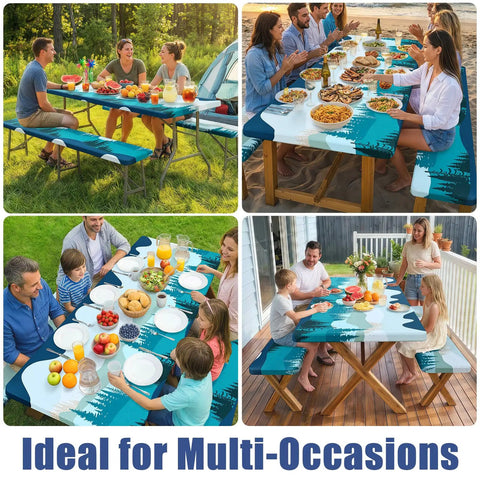 Picnic Table Cover Set With Two Bench Covers For 6 Foot Tables Elastic Spandex Stretch Fit Washable Outdoor Patio Dining Protector