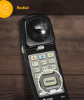 Close-up of Straight Up Reliable Trimline Corded Landline Phone showing redial button on keypad, black finish.