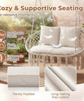 Double Hammock Chair With Cushions For Indoor And Outdoor Hangouts Boho Macrame Swing Seat That Fits Two People Patio Balcony Porch Supports Up To 600 Lbs Cozy Beige shown with cushions and wooden floor