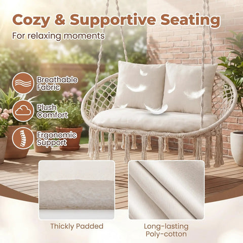 Double Hammock Chair With Cushions For Indoor And Outdoor Hangouts Boho Macrame Swing Seat That Fits Two People Patio Balcony Porch Supports Up To 600 Lbs Cozy Beige shown with cushions and wooden floor