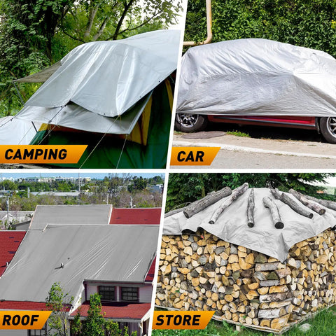 Heavy Duty Waterproof Camping Tarp 10x20 Ft Thick 16 Mil With 15x17 Weave covers tent, car, roof, and firewood stack