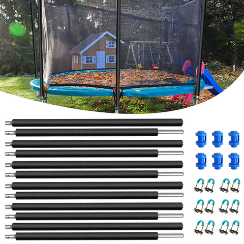 Heavy Duty 6 Pack Trampoline Replacement Poles With Hardware Universal Fit, black steel poles and accessories for trampoline setup.