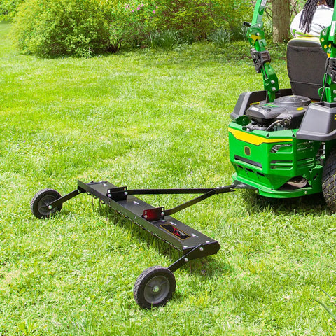 Tow Behind 48 Inch Grass Dethatcher For Big Lawns That Cleans Thatch Fast With Dual Row Of Flexing Spring Tines, Wide Aeration Tool