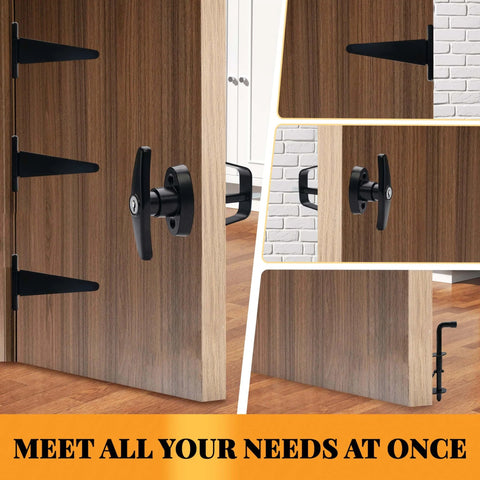 Heavy Duty Shed Door Hardware Kit With 5.5 Inch T Handle Lock, Six 6 Inch T Hinges, Two Shed Door Latches in use on wooden door