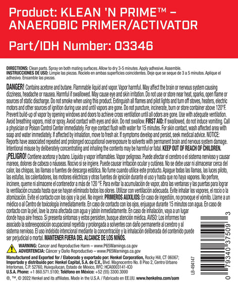 Product label for Klean 'N Prime Anaerobic Activator Primer, IDH Number 03346, with directions and safety instructions.