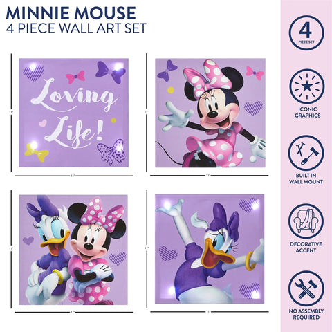 Minnie Mouse LED Canvas Wall Art Set, Four Pack Light Up Panels 11x11 Inches showing Minnie, Daisy, and decorative graphics.