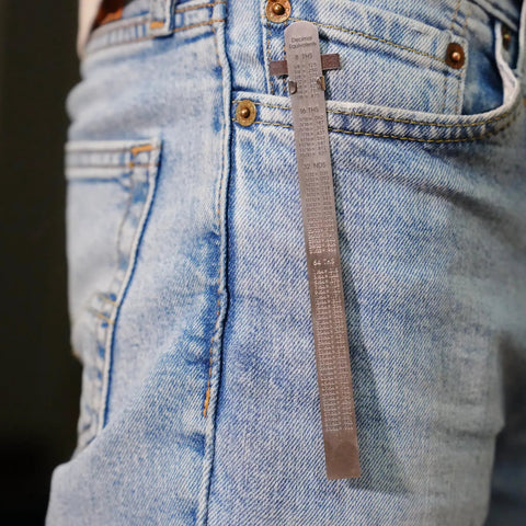 6 Inch Machinist Pocket Rule With 32nds And 64ths, Decimal Equivalents Chart, Premium Stainless Steel, Flexible, Durable Tool For Pros And DIYers In The Shop clipped to jeans pocket