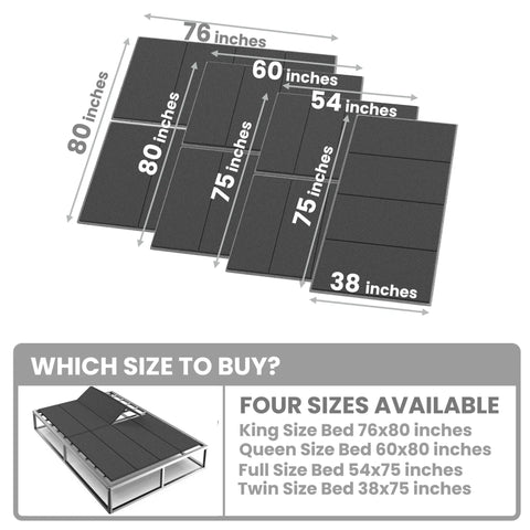 Straight Up Game Changer Queen Bunkie Board 60x80 Ultra Slim Bed Platform sizes shown with measurements and options for various bed sizes.