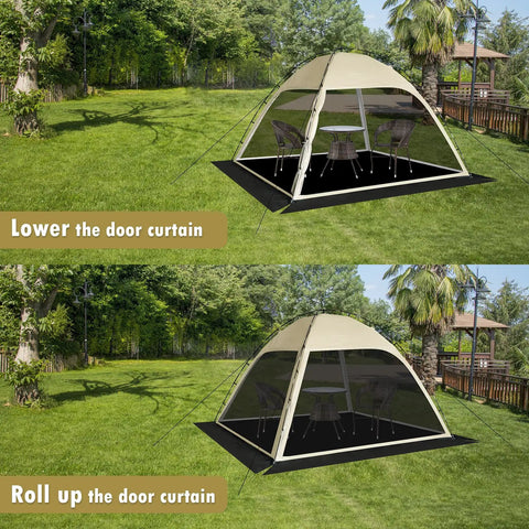 10x10 Screen Tent With Removable Floor For Backyard Parties showing open and closed door views in a grassy yard.