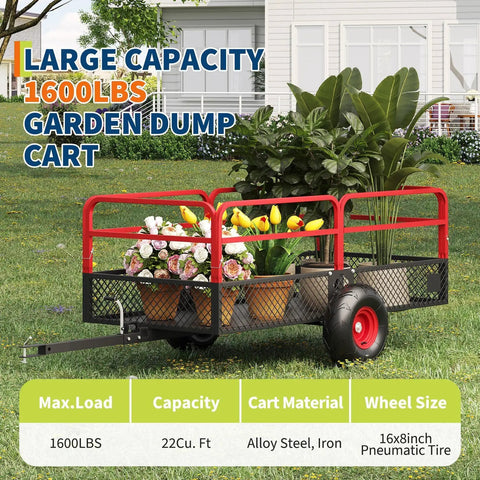 Tow Behind Dump Cart For ATV And UTV, Heavy Duty Steel Utility Trailer With 1600 Lb Capacity And 22 Cu Ft, Removable Sides, Red with plants
