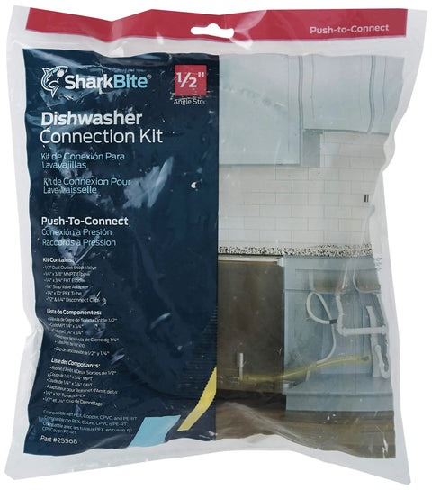 Dishwasher Connection Kit With Push To Connect Brass Fittings For PEX Copper CPVC PERT HDPE in retail packaging.
