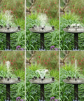 Various fountain spray patterns of 5.5W Solar Fountain Kit For Bird Bath And Small Pond With 3000mAh Battery Backup in garden setting.