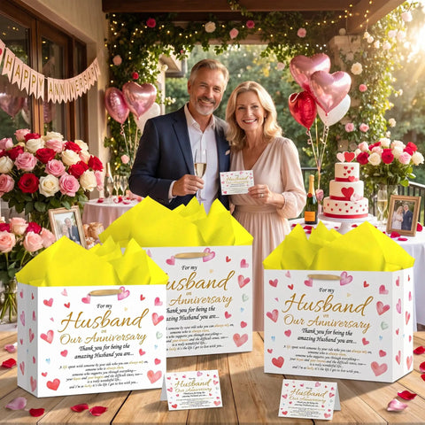 Anniversary Gift Bag For Hubby With Greeting Card And 3 Tissue Paper Romantic Heart Theme Wrap Bag For Men displayed on table